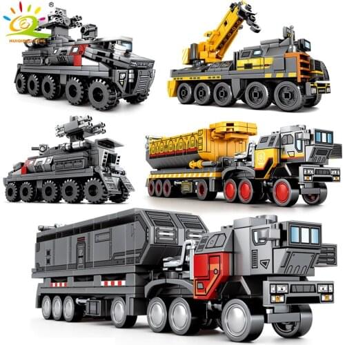 HUIQIBAO City Crane Construction Trucks Building Blocks Movie Wandering Earth Tank Vehicle Soldiers Figures Bricks Toys Children