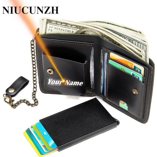 NIUCUNZH Genuine Leather Wallet Men Rfid Fashion Man Wallet With Chain Short Pocket Wallets Automatic Card Holder Engraved 7397