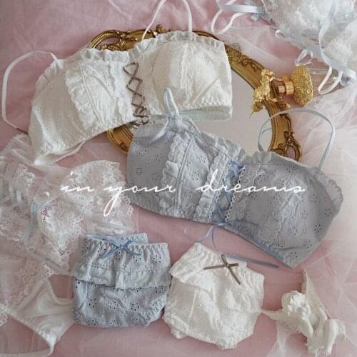 Cute Sweet Vintage Style Bra & Panties Set Cotton Wirefree Soft Underwear Pretty Back Sleep Intimates Set Kawaii Lolita