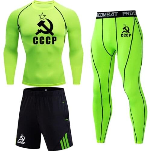 Mens Sportwear Compression Clothing Suit Jogging Thermal Underwear Suit MMA Rashgard Male Long Sleeved Tights Leggings Shorts