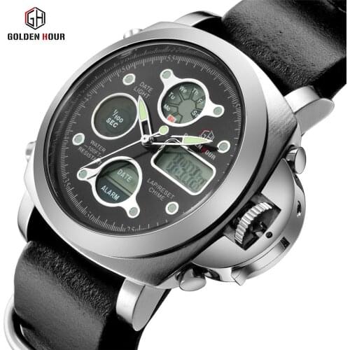 GOLDENHOUR 101 Mens Sports Electronic Watch Multi-function Leather Band Waterproof Casual Mens Wristwatches