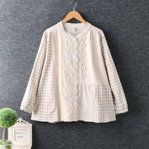 2020 New autumn Women Blouse Japan Style Literary Stand Collar Cotton linen Loose Tops Lace Embroidery Long Sleeve Shirt Women