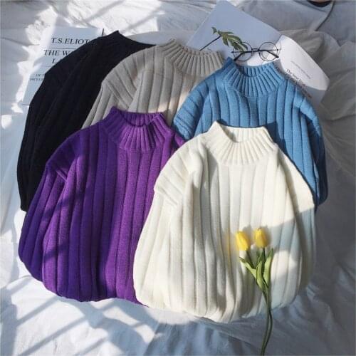 Winter New Sweater Men Warm Fashion Solid Color Casual Striped Sweter Men Streetwear Loose Knit Pullover Male Clothes S-2XL