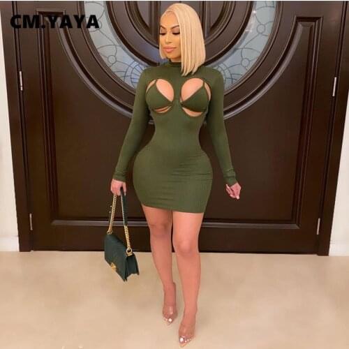 CM.YAYA Bodycon Midi Mini Women Dress Cut Out With Bra Knitted Bandage Pencil Long Sleeve Sexy Party Night Dresses Outfits