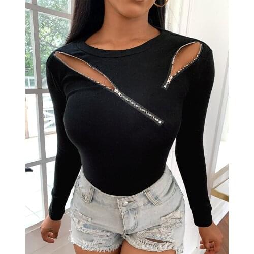 Autumn Zipper Woman T-Shirts Elegant Black Top Women Long Sleeve Pullover Tops Female Round Neck Slim Fit Tee Shirt Ladies 2021