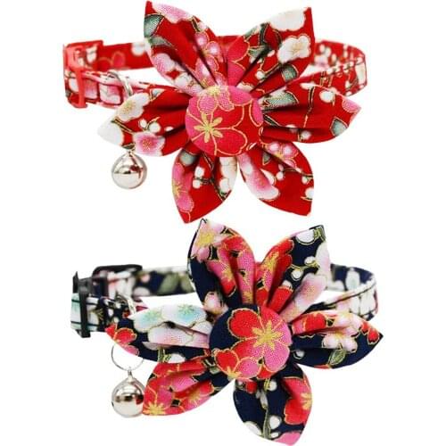 Cat Collar Breakaway with Bell and Cute Sunflower Accessories Japanese Lucky Floral Pattern Safety Kitten Collars For Pets