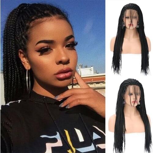 AIMEYA Long Braided Synthetic Lace Front Wigs for Black Women Black Micro Box Braid High Temperature Hair Lace Wig Glueless