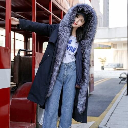 Parka Fur Real 2020 Winter Jacket Women Natural Rabbit Fur Liner Long Trench Coat Female Fox Fur Collar Overcoat MY3546