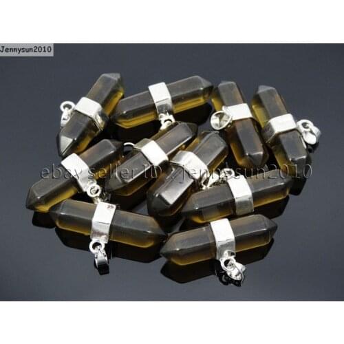Natural Smoky Quart-z Gems Stones Horizontal Hexagonal Pointed Reiki Chakra Pendant Beads Necklace Jewelry 10Pcs/Pack