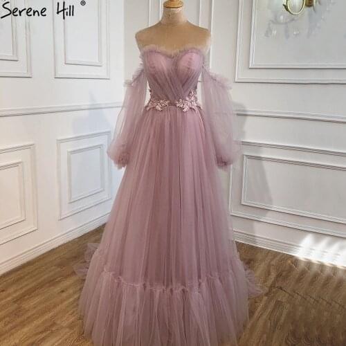 Serene Hill Pink Simple Sexy Evening Dress 2021 Long Puff Sleeves Lace Women Formal Party Wear Gown CHA2443
