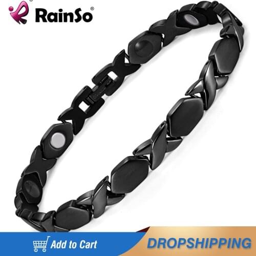 Rainso New Black Titanium 4 Elements Bracelets For Women Elegant Magnetic Therapy Link Bracelet for Health OTB-1287BK