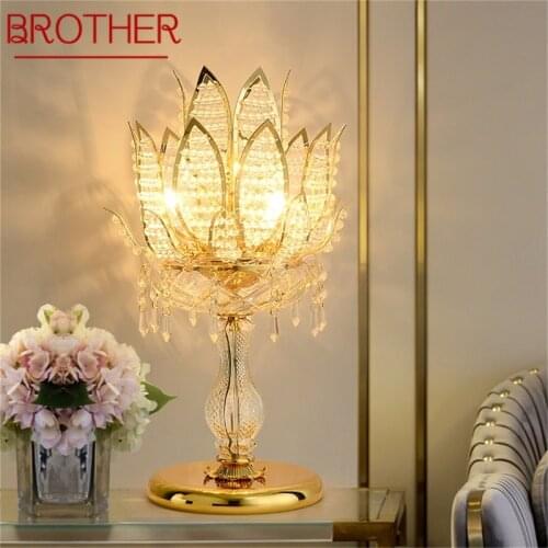 BROTHER Luxury Gold Table Lamps Contemporary LED Creative Crystal Desk Light Lotus for Home Bedroom Decoration