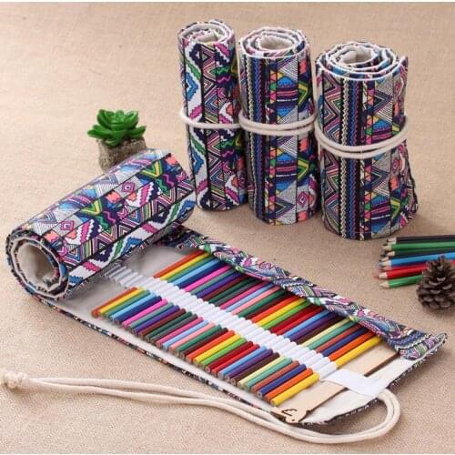Back To School Favors Vintage Printed Canvas Roll Up Pencil Holder Makeup Pen Case Bag Wrap Curtain Sketch School Supplies