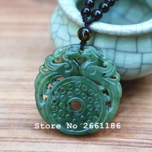 Certificate) Natural Green Hetian Nephrite Pendant Carved Chinese Phoenix Peace Buckle Pendant Necklace Gift for Mens Jewelry