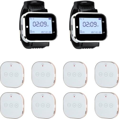 JINGLE BELLS Wireless Calling System Touch Screen 8 Calling Buttons+ 2 pcs of Watch Pager for Restaurant Equipment Call Bell
