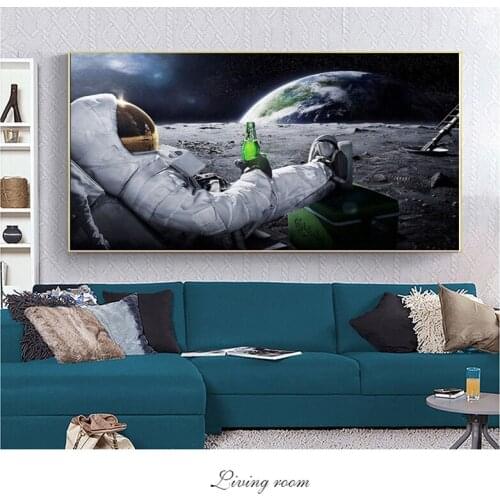 Modern Beers Outer Space Earth Astronauts Moon Oil Painting on Canvas Posters Prints Cuadros Wall Art Pictures Home Decoration
