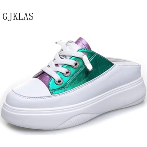 Genuine Leather Wedges Shoes for Women Casual Shoe Woman Slippers Platform Sneakers Woman Vulcanize Shoes Half Slippers Comfy