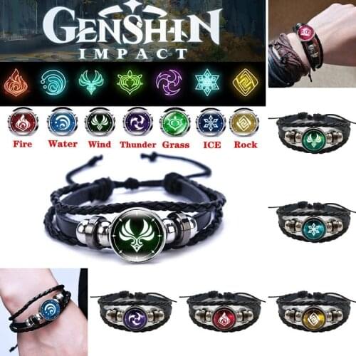 Genshin Impact Leather Bracelet Eye of God Water Wind Thunder Fire Rock Ice Element Snap Button Bracelets Cosplay Jewelry Gift