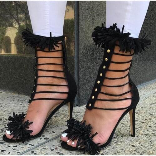New Fashion Black Suede Leather Women Tassel Sandals Stud T-Strap Ladies Cut Out High Heels Cage Sandals Gladiator Shoes Size 42