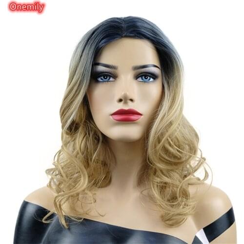 Onemily Ombre Brown Long Wavy Middle Part Wig Women Fashion Synthetic Natural Wigs for Daily