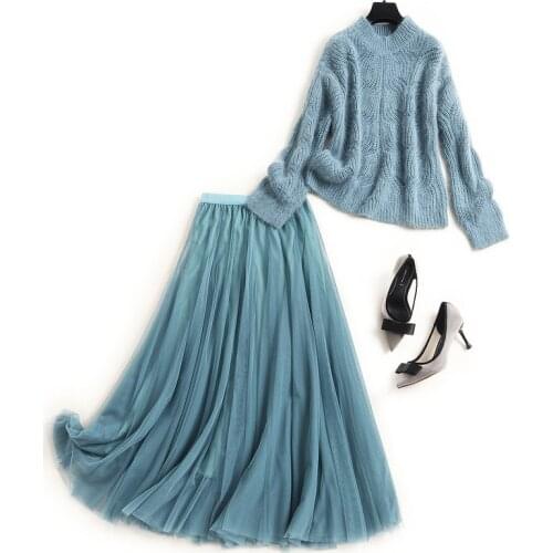 Women autumn spring 2021 women long mesh skirts two piece sets clothing set rabbit hair mix knitted sweater loose tops green