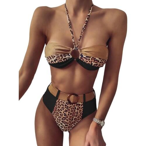 AA Women Beachwear Womens Color Block Two-piece Bathing Suit Leopard Halter Top Thong with Waistbelt Set Bikinis Ladies Swimsuit