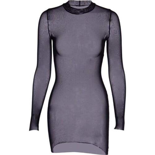 Womens Sexy Sheer Mesh Long Sleeve Mini Pencil T-Shirt Dress Mock Neck Perspective Bodycon Black Bikini Cover Up Summer