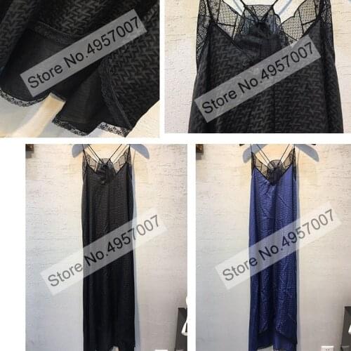 Ladies Stylish Black/Navy Blue Letter Printed Silk Spaghetti Strap Slip Dress