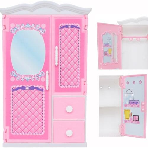 1 set Mini Plastic Wardrobe with Mirror Drawer Pink Princess Bedroom Dollhouse Furniture Accessories Closet for Barbie Doll Toy