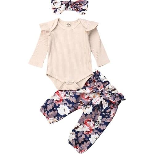 2019 Newborn Infant Baby Girls Clothes Sets Long Sleeve Solid Romper Floral Pants Headband Outfit Clothes