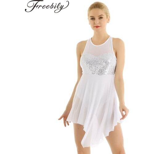 Adult Sleeveless Sequins Asymmetric Mesh Gymnastics Leotards Women Tutu Ballet Figure Skating Dress Lyrical Dance Costumes