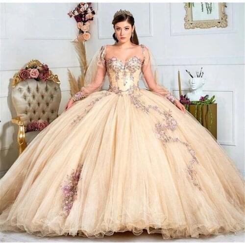 Ball Gown Quinceanera Dresses Off Shoulder Long Sleeve Lace Appliques Beads Formal Prom Party Gowns Light Champagne 2021