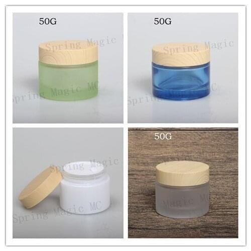 50g Green/Blue/Frosted/White Glass Jar Skin Care Cream Refillable Bottle Cosmetic Container With Wood Grain Lid Eye Cream Jars