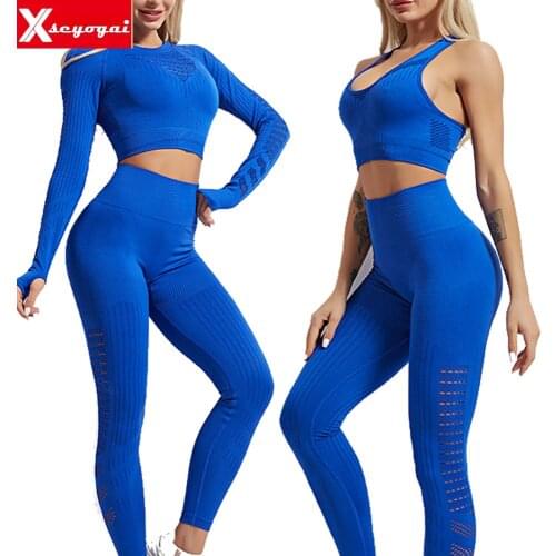 Seamless Womens Yoga Suit Workout Sportswear Sports Bra Long Sleeve High Waist Fitness Tight Leggings Running Sports Suit
