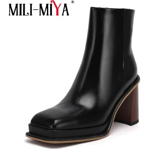 MILI-MIYA Chunky Heel Platform Women High Quality Cow Leather Ankle Boots Brand Designer Elegant Square Toe Autumn Party Shoes