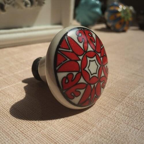 One Piece Red Floral Printed Kitchen Furniture Handles Drawer Knobs Ceramic Cabinets Cupboard Pull Dia38mm