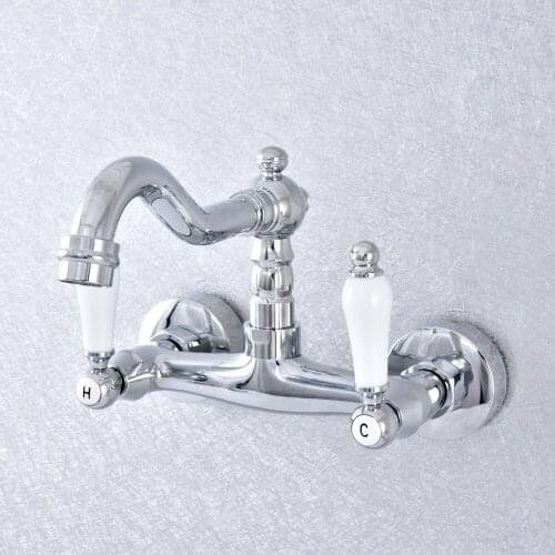 Bathroom Polished Chrome Wall Mounted Type Basin Wash Of Cold Hot Water Double Style Faucet Round Base Nsf774