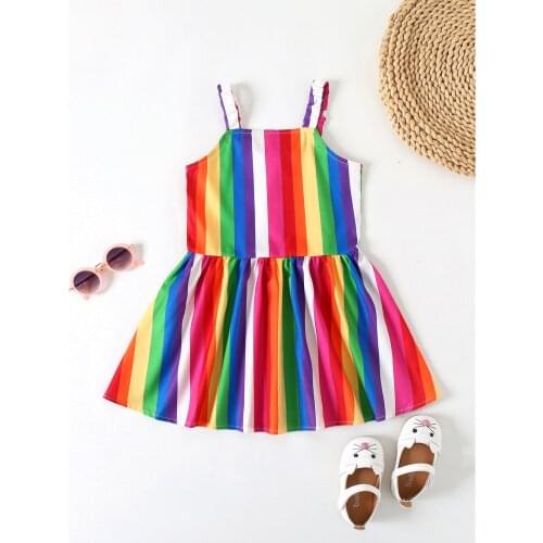 Breathable Baby Girls Suspender Dress, Summer Children Creative Rainbow Stripes Sleeveless Slip Princess Gown