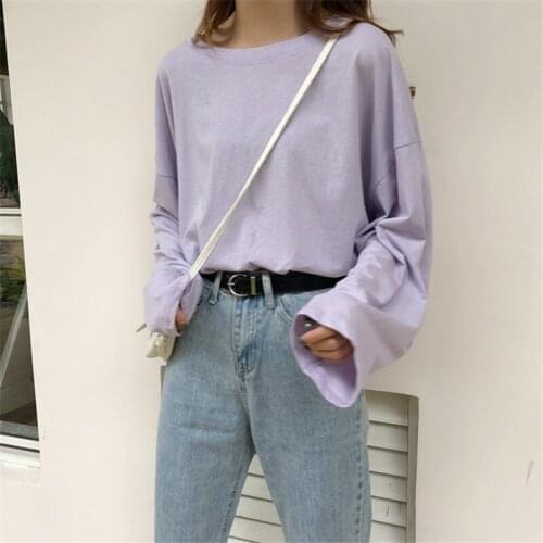 T-shirt Women Long Sleeve Solid Colour All-match Korean Style Spring Loose Students Womens Breathable Trendy Female Clothing