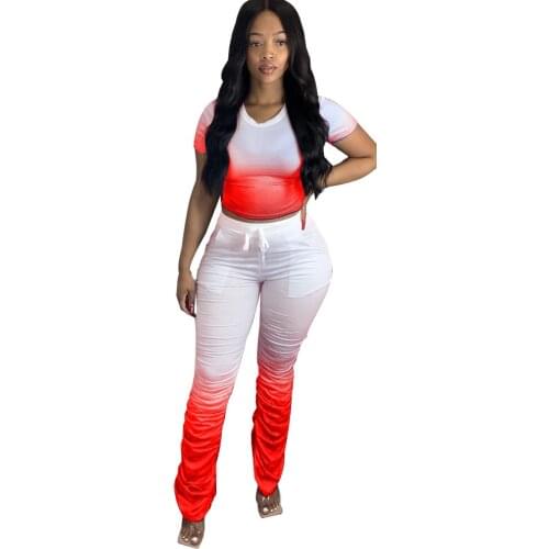 JRRY Women Tracksuits Two Pieces Set Short Sleeve Top Long Flared Pants 2 Pieces Set Pleated Sports Suit Print Outdoor Wear