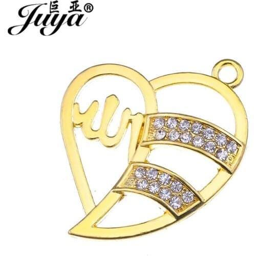 JUYA Heart Shape Rhinestone Pendant for Women Necklace Making 45.5x36mm High Quality Islam Allah Symbol Charms Pendants AO0434