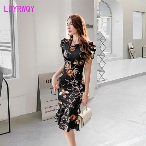 LDYRWQY 2021 new temperament slim short-sleeved round neck bag hip fishtail print dress women Office Lady Zippers
