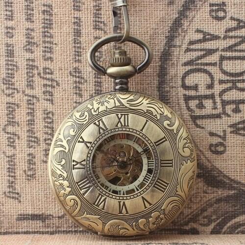 Hot Sell Steampunk Bronze Skeleton Mechanical Pocket Watch Roman Dial Flip Women Pocket Watches with Chain