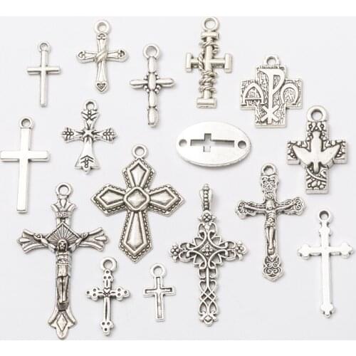 Mix 16pcs/lot 16types silver plated cross charms religion Pendants for Jewelry Making Crafts Handmade DIY Necklace 16-43mm