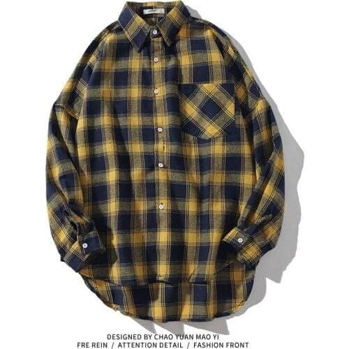 Men Clothing 2020 Oversized Button Up Shirt Front Short Back Long Shirt Mens Autumn Trendy Brand Style Long Sleeve Plaid Shirt