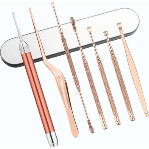 7pcs/set LED Ear Wax Pickers Stainless Steel Earpick Wax Remover Curette Ear Pick Cleaner Ear Cleaner Spoon Care Ear Clean Tool