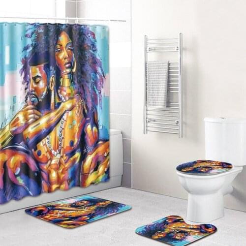 New African Girl Shower Curtain/Bath Mat/Toilet Pad Set Character Pattern Anti-slip Toilet Carpet Flannel Bath Mat 4 Pcs