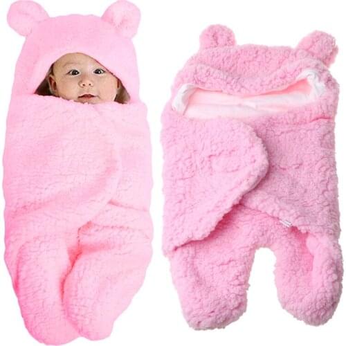 Q1FE Newborn Baby Blanket Swaddle Wrap Winter Cotton Plush Hooded Sleeping Bag 0-12M