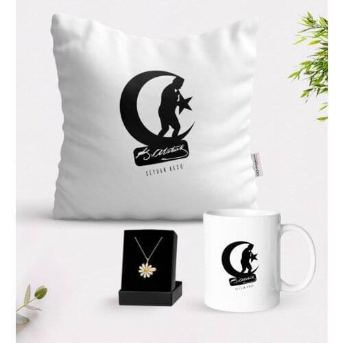 Personalized Ataturk Themed White Mug Cushion and Is Daisy Necklace Gift Seti-32