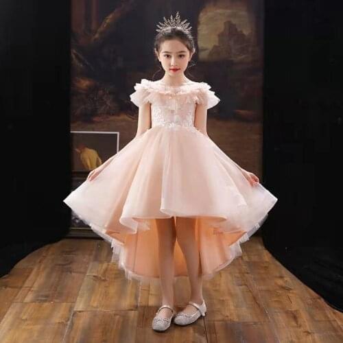 Flower Girls Pink Dress3w Wedding Party Princess Dress Beaded Holy Communion Wedding Children Clothing Birthday Party Ball Gown